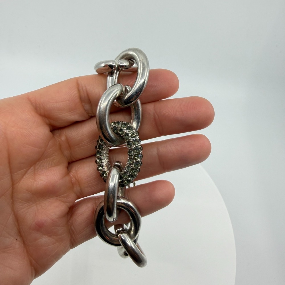 Chunky Silver Tone Link Bracelet with Crystal Accents - Statement Jewelry